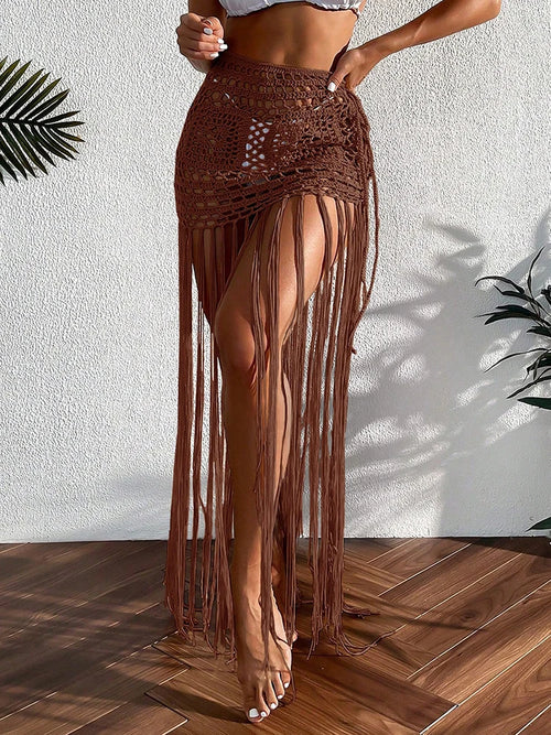 Crochet Tassel Bikini Cover Up Dress Beach Wear Women Tie Up Bather