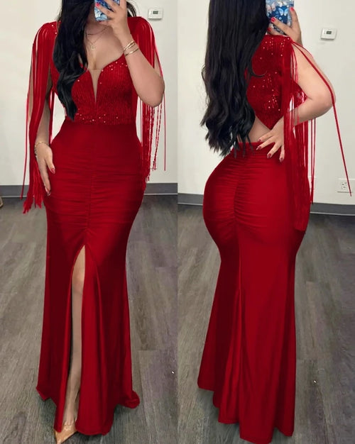Womens Dresses 2024 Summer Fashion Contrast Sequin Ruched Slit Tassel