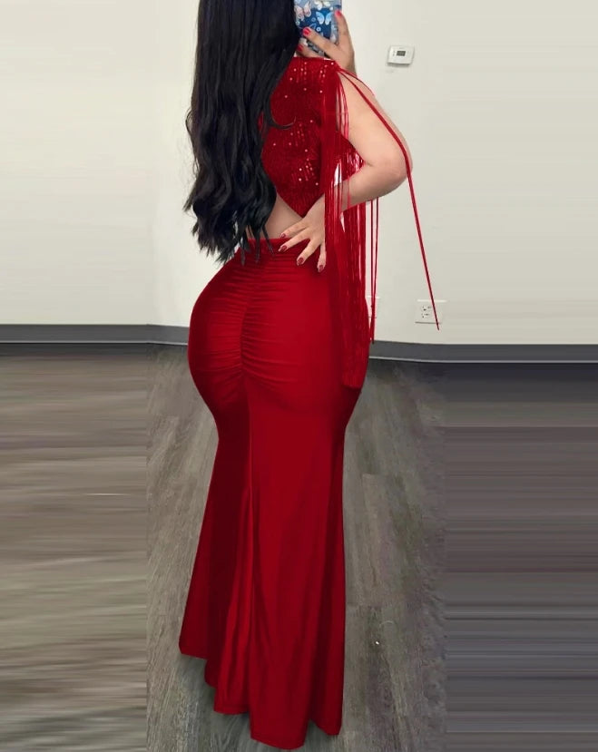 Womens Dresses 2024 Summer Fashion Contrast Sequin Ruched Slit Tassel
