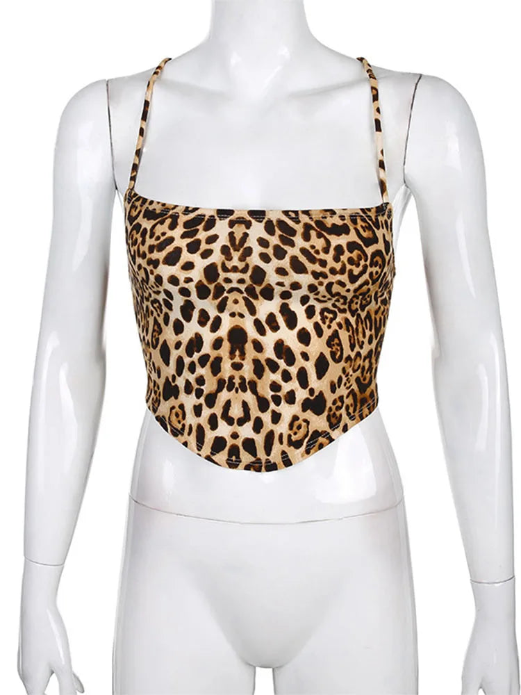 Leopard Pattern Women Tank Tops Backless Sexy Rave Outfits Sleeveless