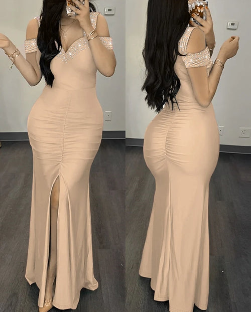 Womens Dresses 2024 Summer Fashion Contrast Sequin Ruched Slit Tassel