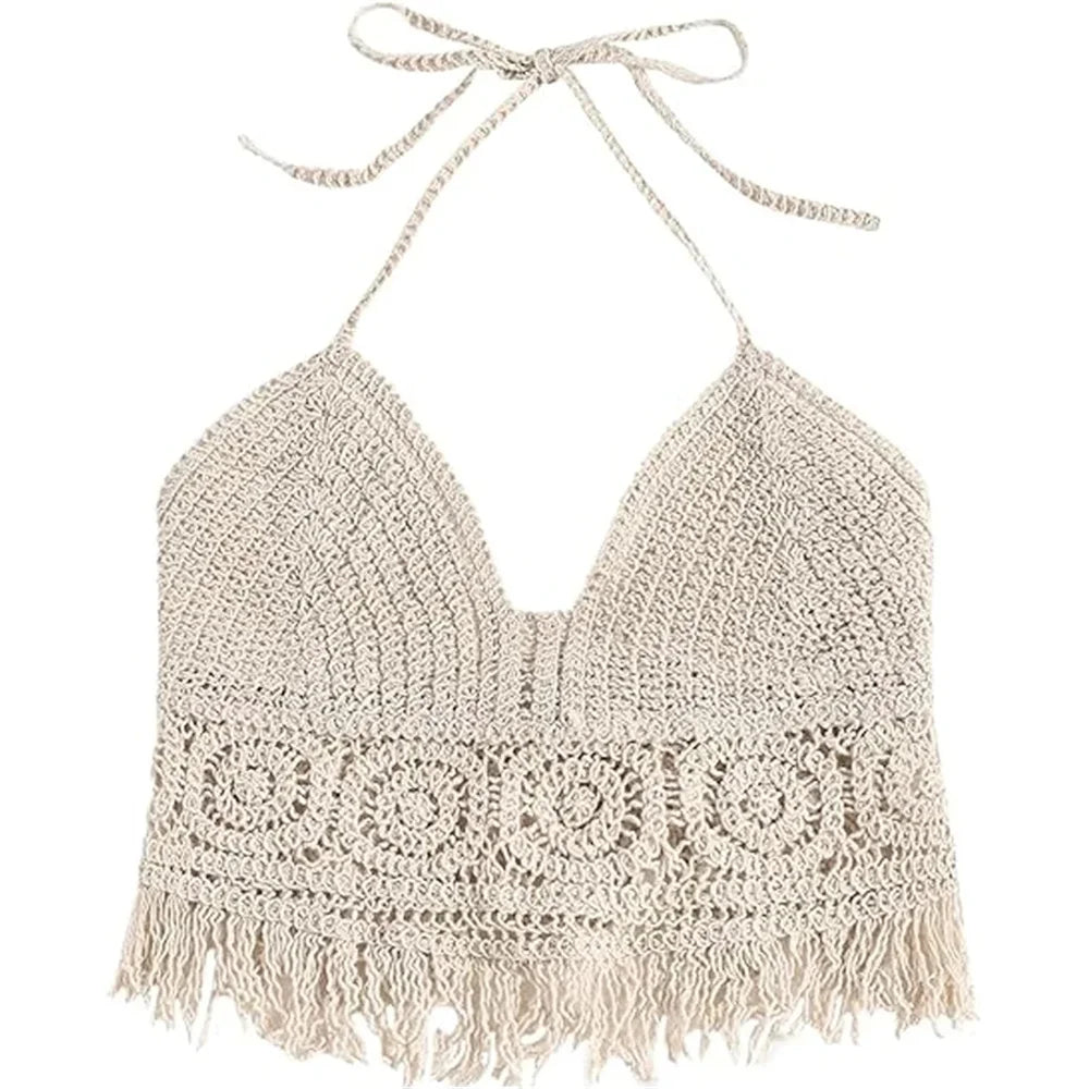 Women's Boho Fringe Backless Halter Tie Neck Underwear Outerwear with