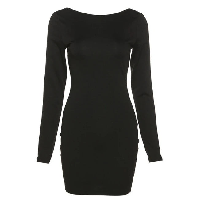Retro Women's Dresses Basic Long Sleeved Sexy Cross Backless Dress