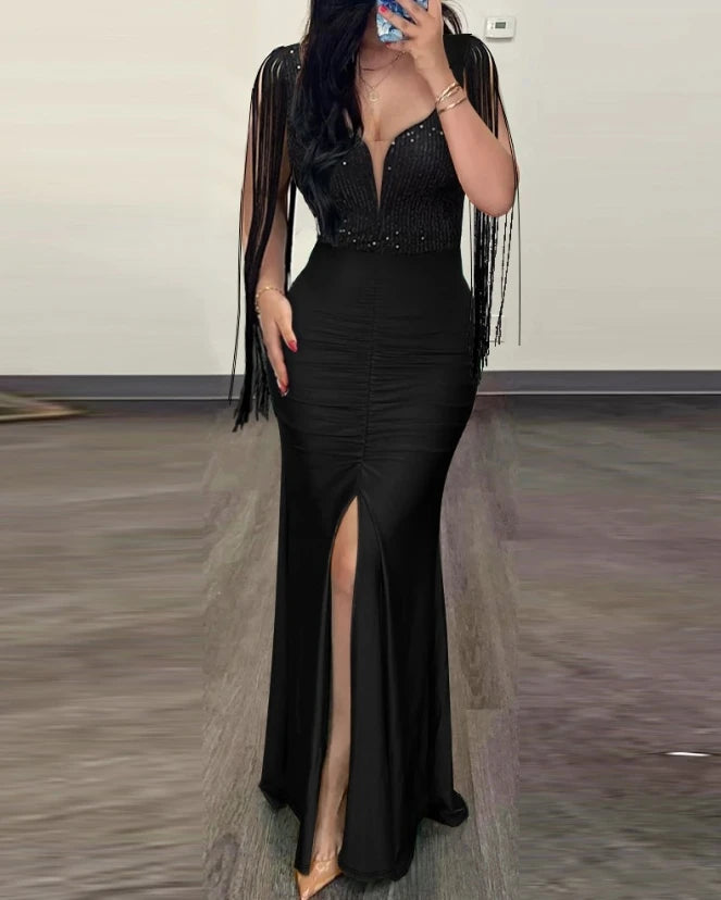 Womens Dresses 2024 Summer Fashion Contrast Sequin Ruched Slit Tassel