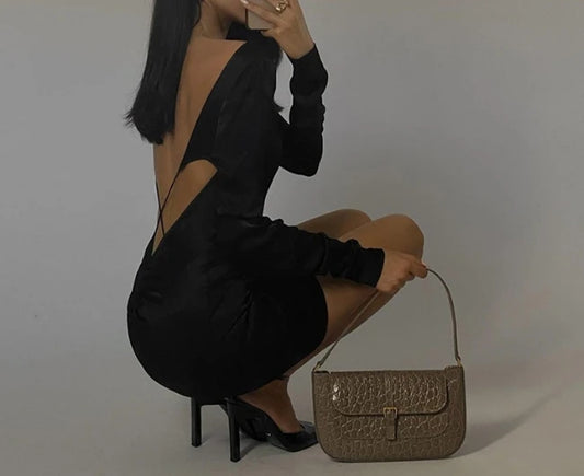 Retro Women's Dresses Basic Long Sleeved Sexy Cross Backless Dress