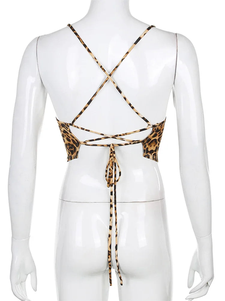 Leopard Pattern Women Tank Tops Backless Sexy Rave Outfits Sleeveless