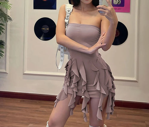 Retro Women's Dress Basic Tassel Hem Strapless Tight High Waisted Mini