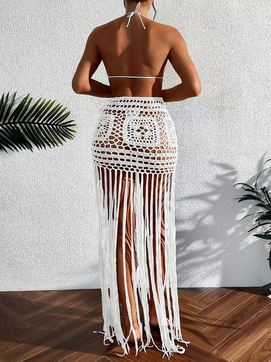 Crochet Tassel Bikini Cover Up Dress Beach Wear Women Tie Up Bather