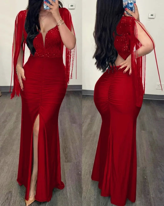 Womens Dresses 2024 Summer Fashion Contrast Sequin Ruched Slit Tassel