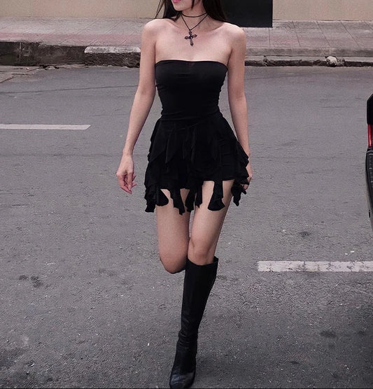 Retro Women's Dress Basic Tassel Hem Strapless Tight High Waisted Mini