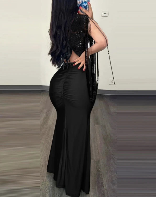 Womens Dresses 2024 Summer Fashion Contrast Sequin Ruched Slit Tassel
