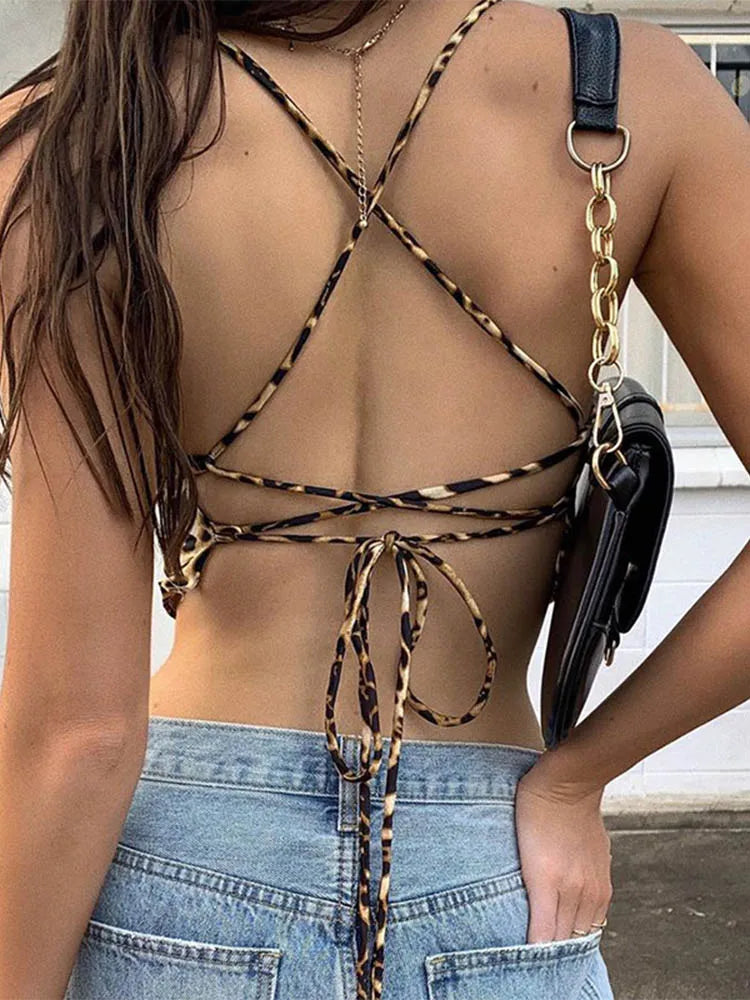 Leopard Pattern Women Tank Tops Backless Sexy Rave Outfits Sleeveless