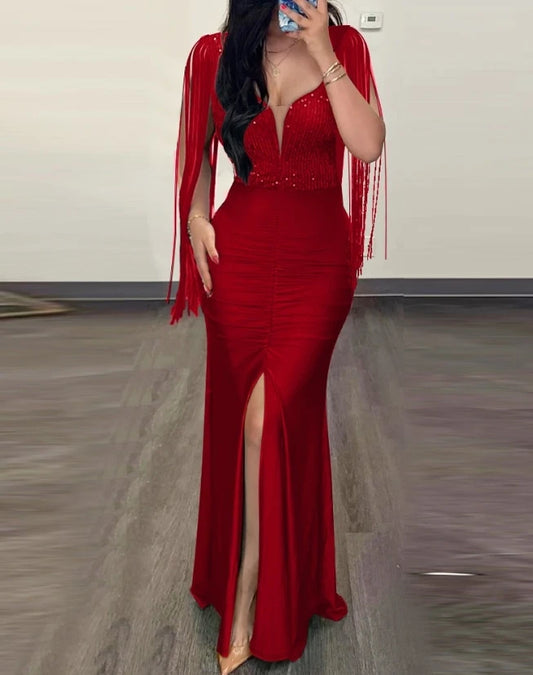 Womens Dresses 2024 Summer Fashion Contrast Sequin Ruched Slit Tassel