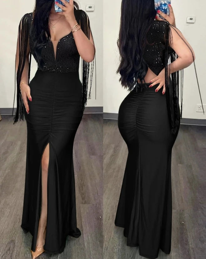 Womens Dresses 2024 Summer Fashion Contrast Sequin Ruched Slit Tassel