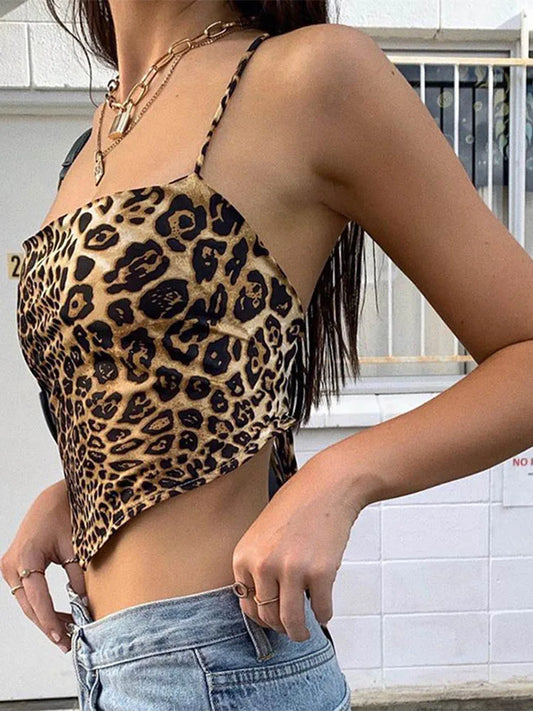 Leopard Pattern Women Tank Tops Backless Sexy Rave Outfits Sleeveless